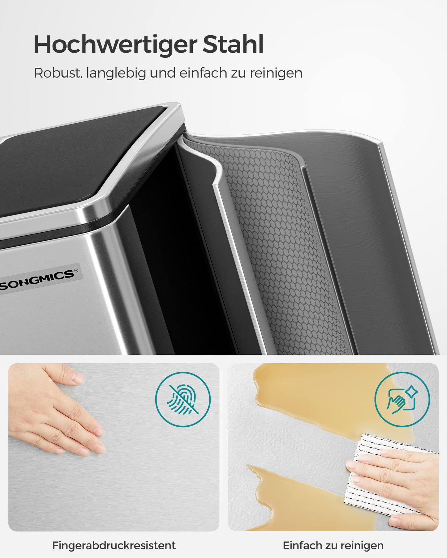 SONGMICS kitchen trash can, 2 x 15 liters, waste separation system 2 compartments, including 15 trash bags, trash can, pedal bin, recyclable waste, organic waste, soft close lid, metallic silver-ink black LTB30H