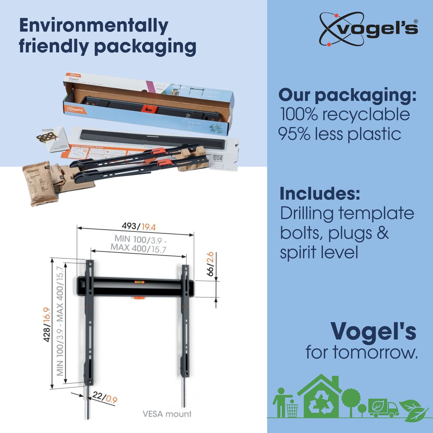 Vogel's Comfort TVM 3605 Flat TV wall mount for 40-100 inch televisions, Max. 75 kg, Max. VESA 600x400, universal compatibility, distance to the wall only 2.2 cm - TVM3605