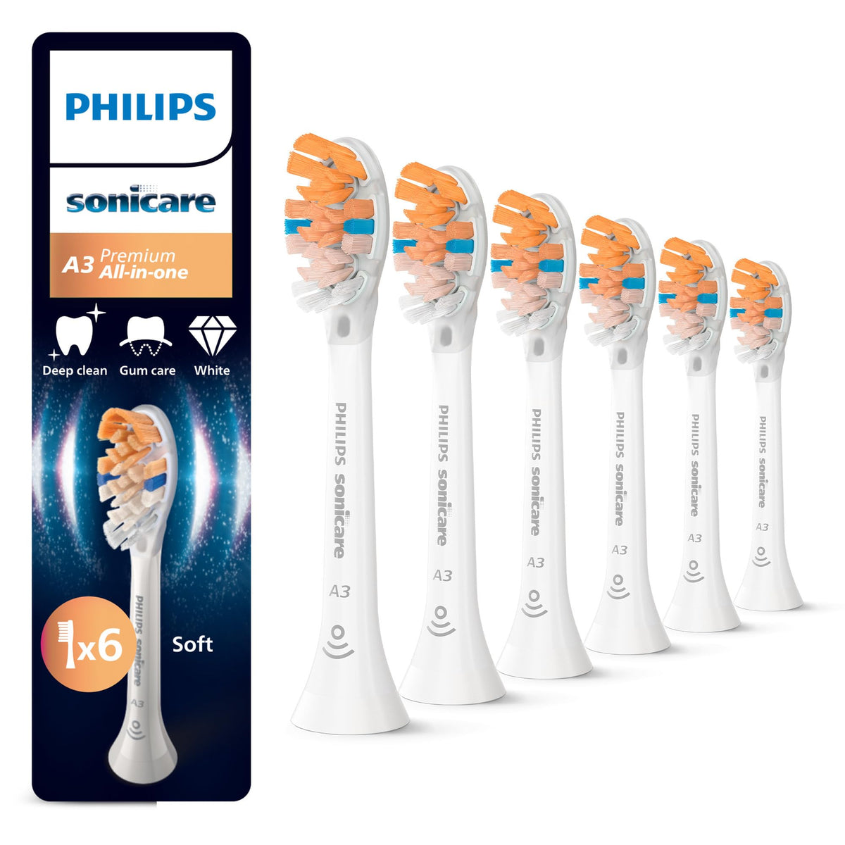 Philips Sonicare A3 Premium All-in-One, Original replacement brush heads, White, 6-pack, HX9096/87