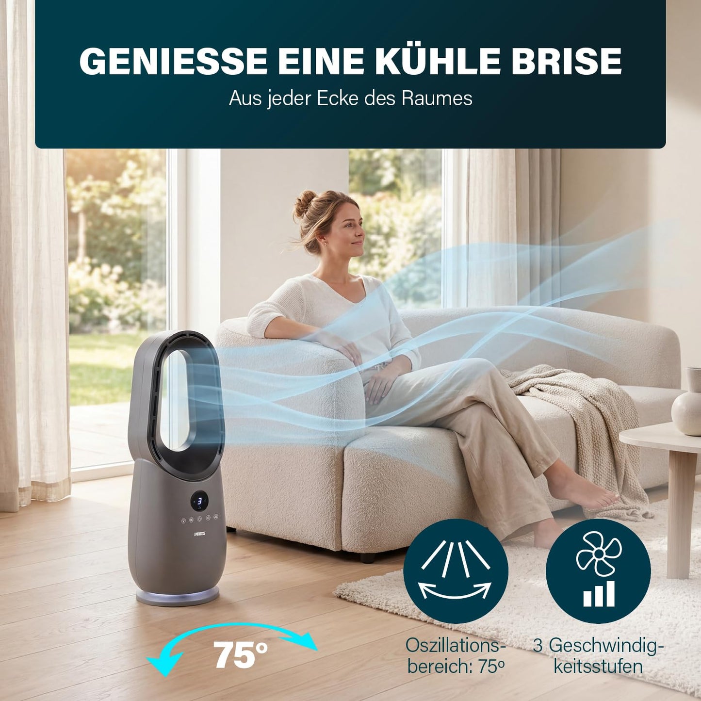 Princess Fan without Blades - 60W - Mood Light - Low Consumption - 75° Oscillation - 3 Speeds - 351582 - 01.351582.01.001