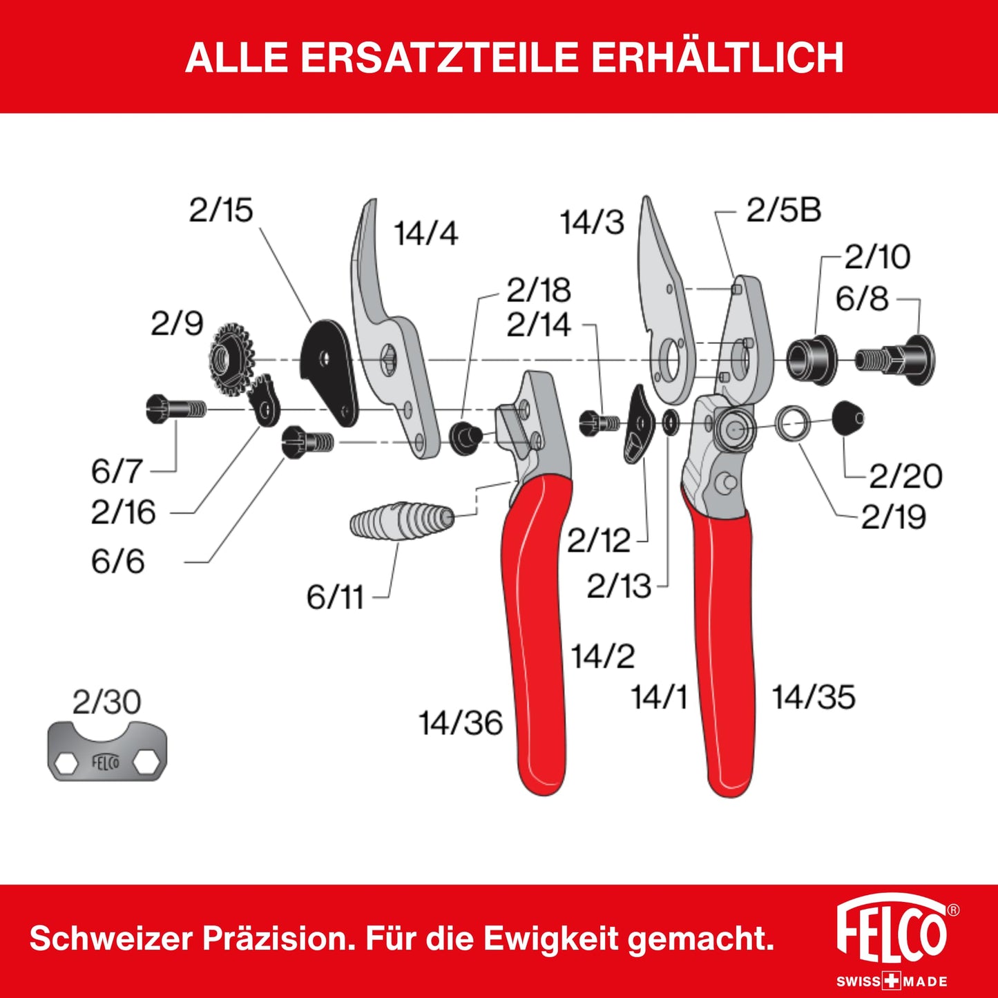FELCO 14 bypass secateurs for small hands, right-handed, 40 mm hardened steel blade, forged aluminum handles, ergonomically compact, precise cut up to 18 mm, Swiss Made