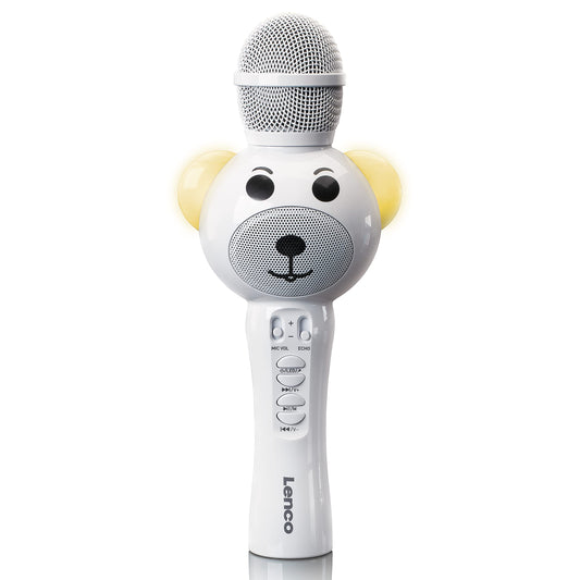 Lenco BMC-060 Karaoke Microphone for Children - Bluetooth V5.0 - With Smartphone Holder - 5 Watt RMS - LED Light Effects - Integrated Battery with 1200mAh - Android and iOS - White - BMC-060WH