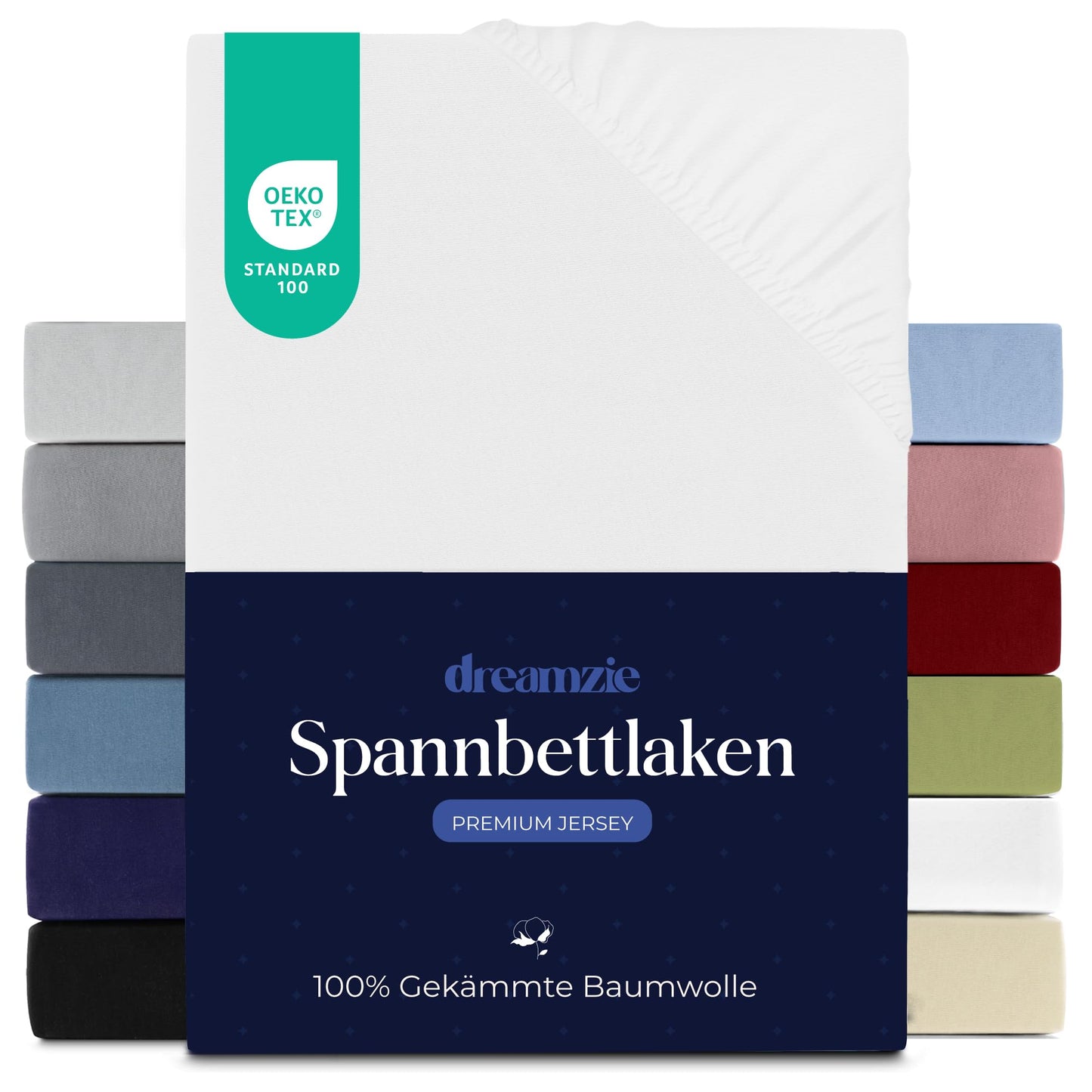 Dreamzie Premium fitted sheet 180x200 cm, fitted sheet for thick mattresses up to 27 cm, bed sheet 100% jersey cotton, 150 g/m², Oeko-TEX certified - white - 3701217634985