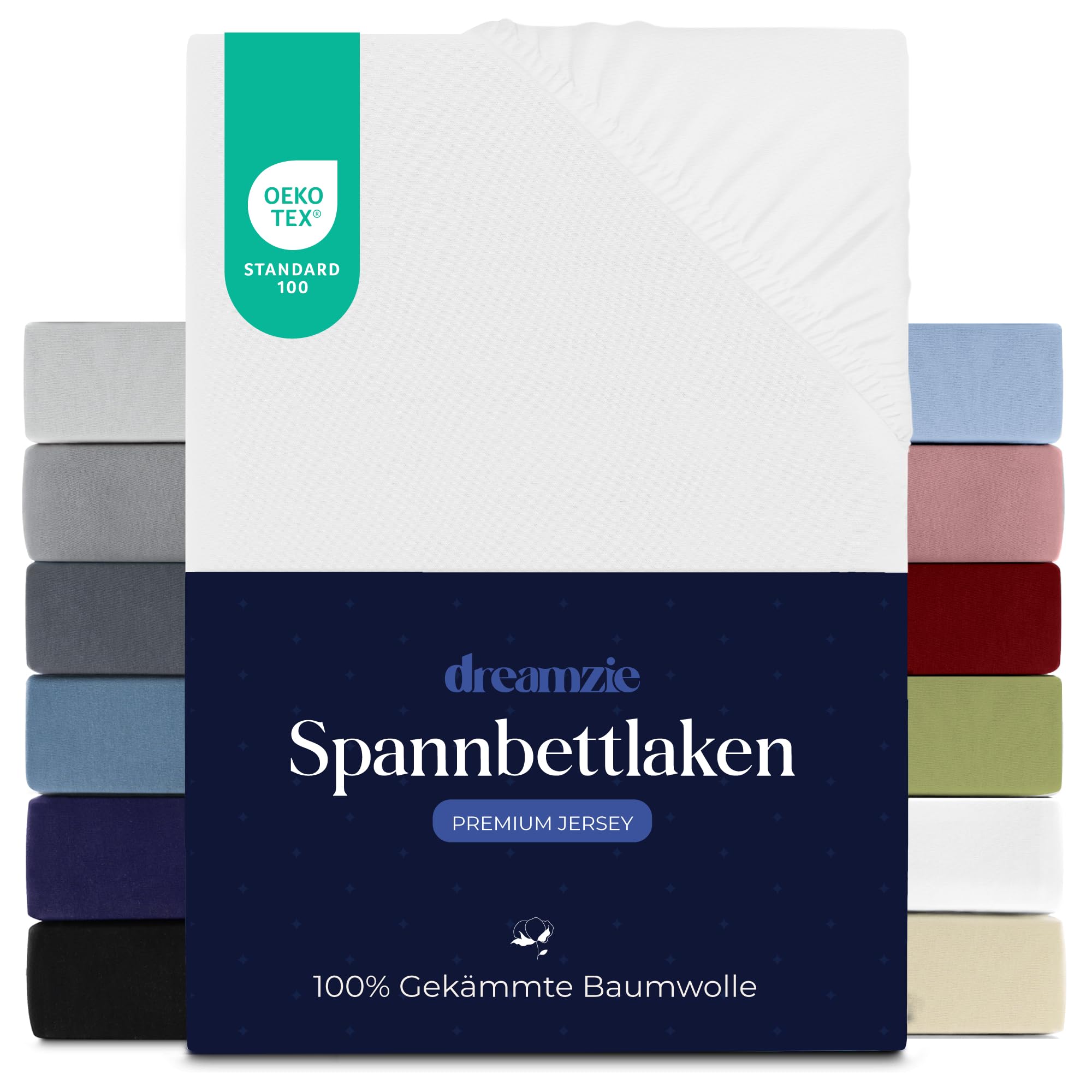 Dreamzie Premium fitted sheet 180x200 cm, fitted sheet for thick mattresses up to 27 cm, bed sheet 100% jersey cotton, 150 g/m², Oeko-TEX certified - white - 3701217634985