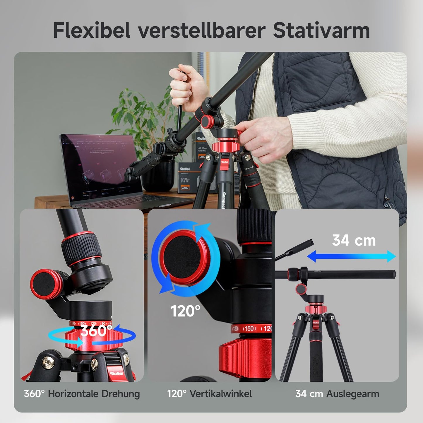 Rollei Compact Traveler No.2 XL video tripod camera with extension arm 212cm - 26980