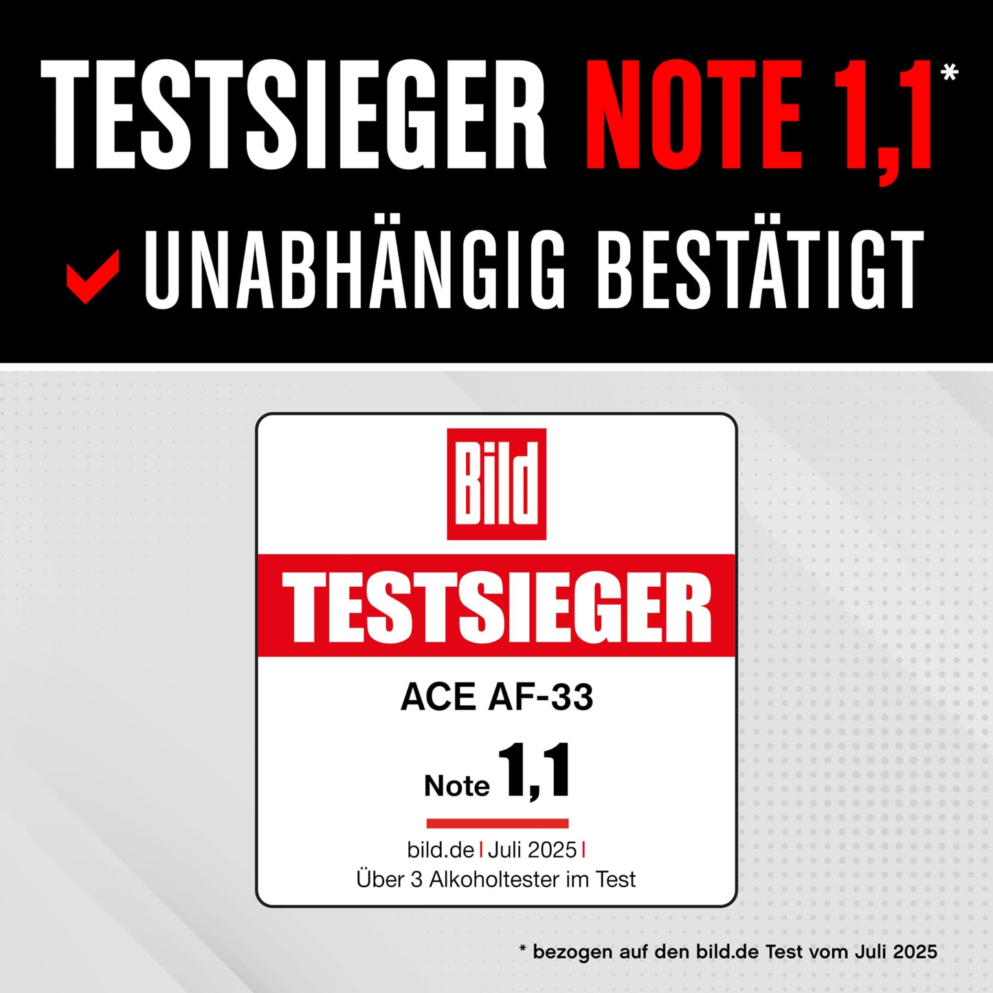 ACE AF-33 breathalyzer - the #1 alcohol tester according to BILD with a grade of 1.1 (test 2025) - 95.8% accuracy (TU Vienna, January 2026)