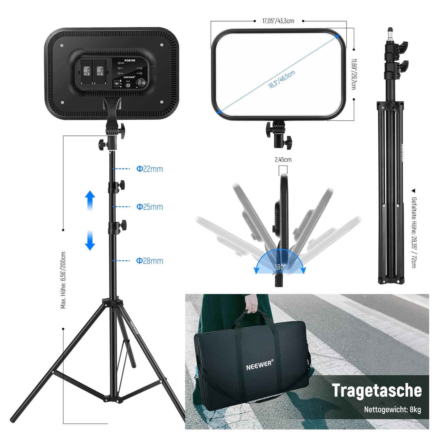 NEEWER RGB168 18.3" 60W RGB LED Video Light Panel Set with Tripod Stand App Control 360° Full Color Dimmable 2500K-8500K RGB Video Light/CRI 97+/17 Scene Effects Studio Continuous Light Photography, 2 Pack - 10101825