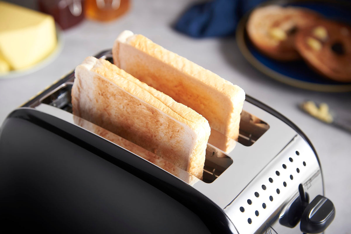 Russell Hobbs Toaster [for 2 slices] Colours Plus Stainless Steel Black (extra wide toast slots, includes bun warmer, 6 browning levels + defrost function, Lift & Look feature, 1600W) 26550-56