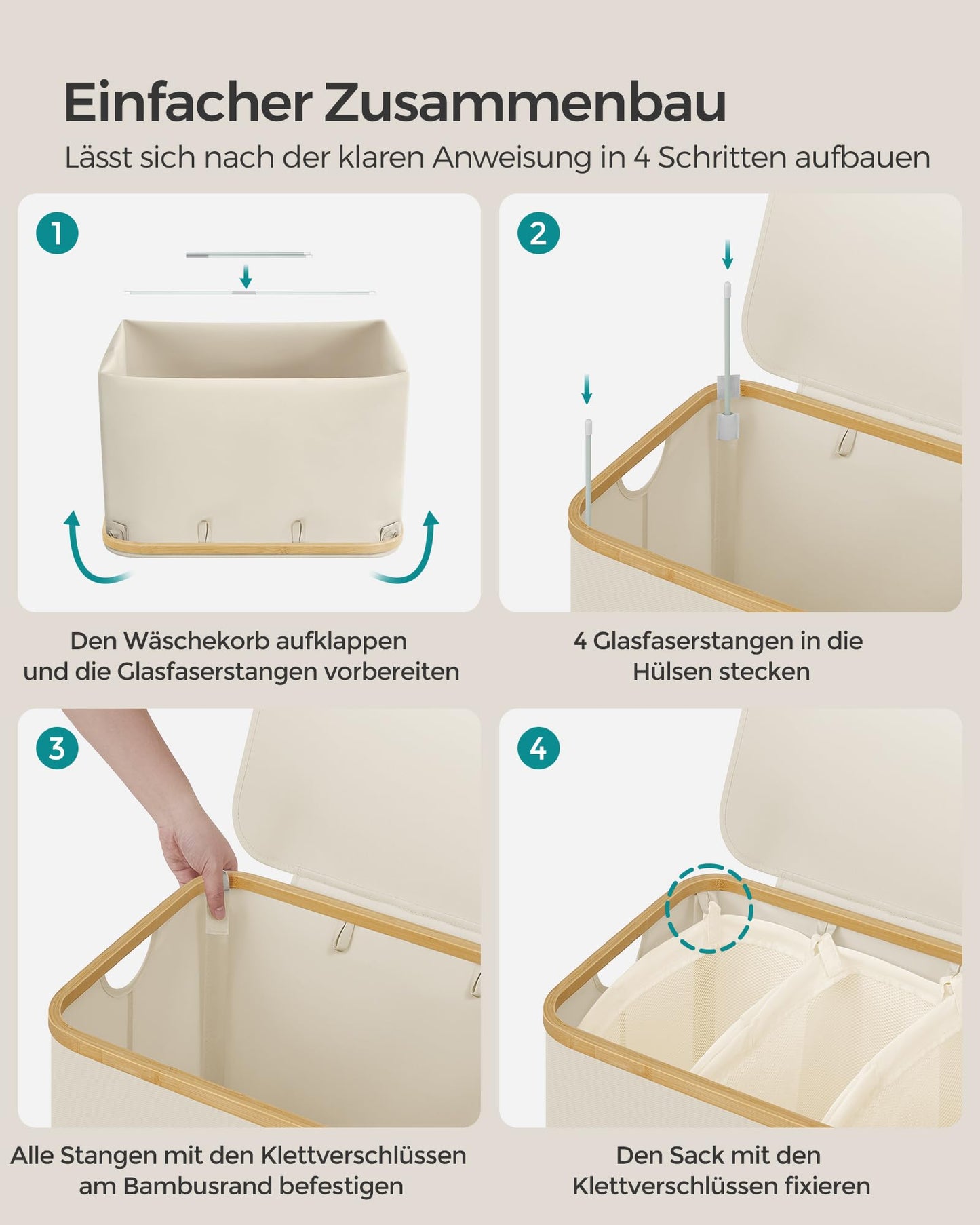 SONGMICS Laundry Basket with Lid, Laundry Hamper with 3 Compartments, 150L, Removable Laundry Bag, Oxford Fabric, Bamboo Handles, Foldable, 60 x 38.5 x 70.5 cm, Cream White LCB515W01 - PCT611W01