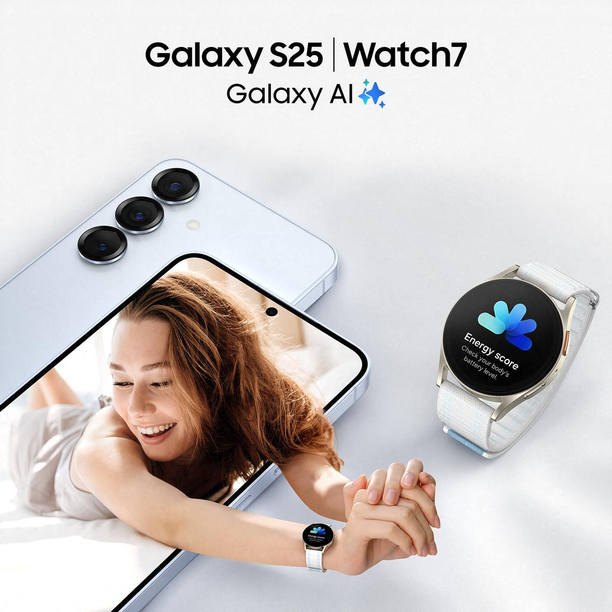 Samsung Galaxy S25 AI Smartphone with Galaxy AI, 12 GB RAM, 128 GB storage, Icyblue, 3 years manufacturer warranty + Galaxy Watch8 Smartwatch