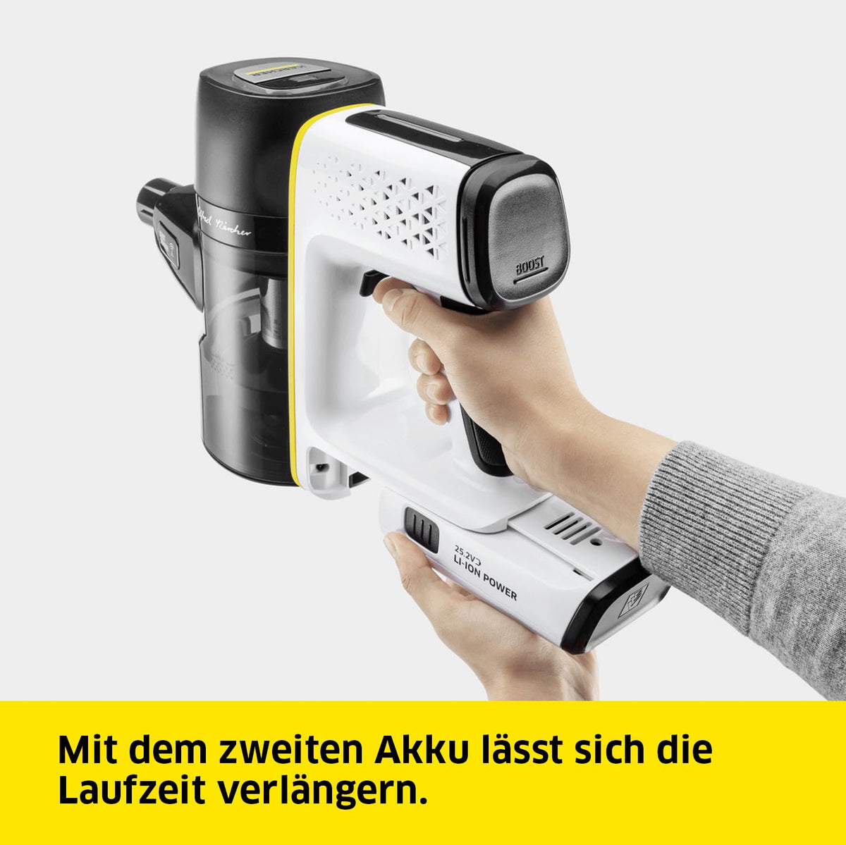 KÄRCHER Cordless Vacuum Cleaner VC 7 Signature Line, 2 suction levels, runtime: up to 60 min., weight: 2.6 kg, includes 25.2 V battery, wall mount with charging function, floor and crevice nozzle, white - 1.198-750.0