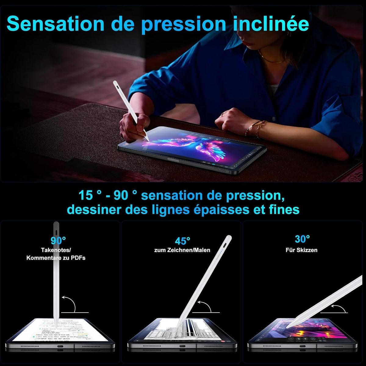 Variglas Stilou de introducere pentru iPad 2018-2026, 2 x încărcare rapidă, precizie pixel cu pixel, respingerea palmei, compatibil cu iPad 11(A16)/10/9/8/7/6, Pro M5/M4/13/12.9/11, Air 3/4/5/M2/M3/M4(2026), Mini 5/6/7 - V-ZG-Pen-01
