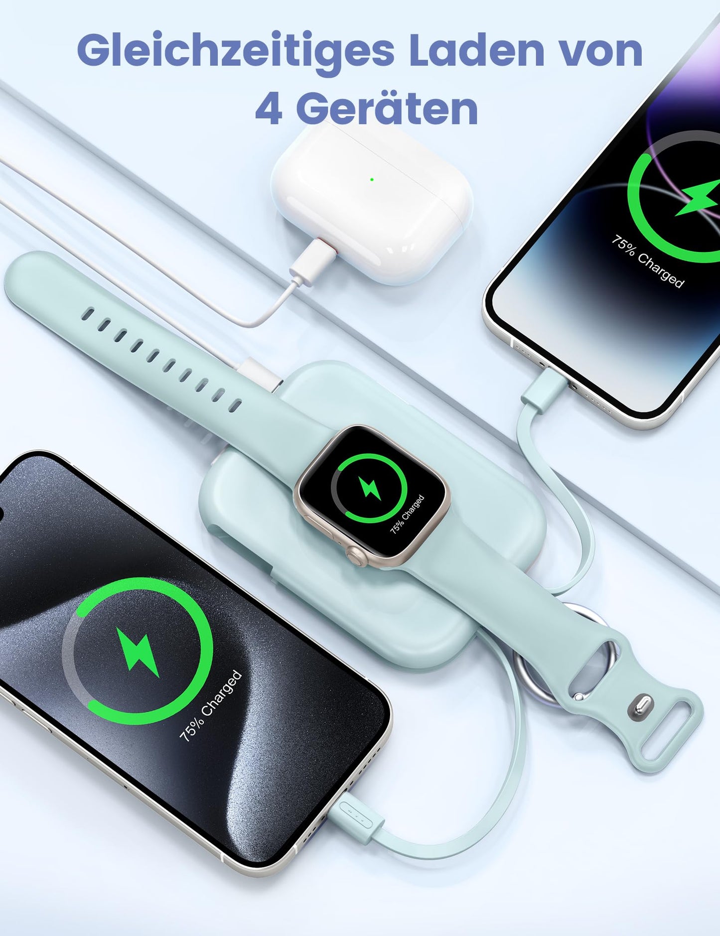 RORRY Power Bank, 5000mAh Power Bank with Integrated Cable, Travel Portable Charger Key Ring External Mobile Phone Batteries for iPhone 17/16/15/14/13/12, Apple Watch Ultra/11/10/9/8/7/6/SE, Blue - D2