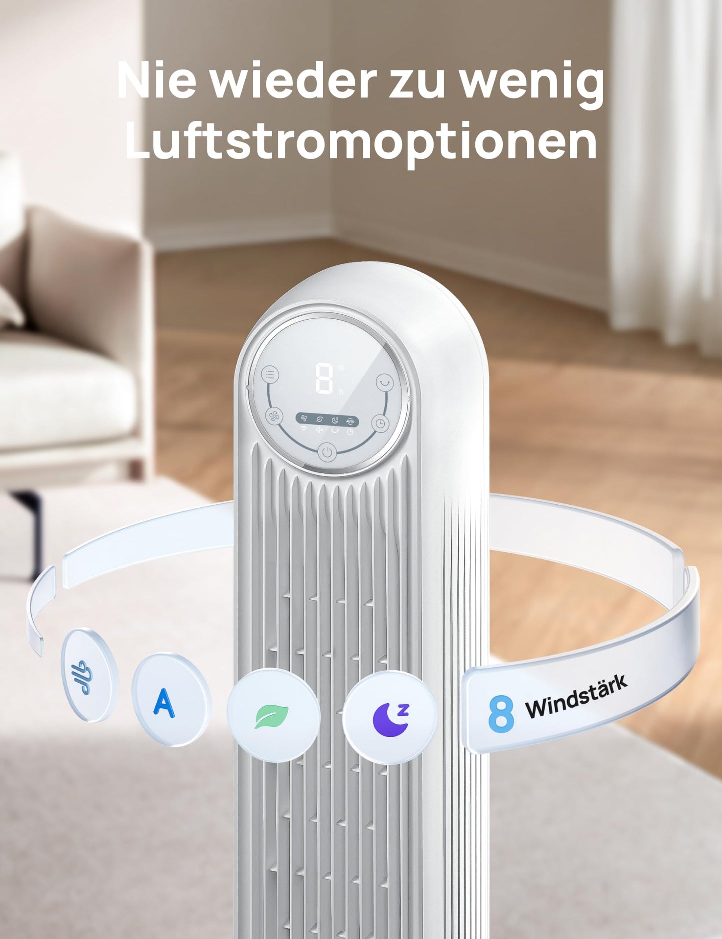 Dreo Smart 20dB Quiet Tower Fan, 10 m Throw 4 Speed Levels 4 Modes 8 Hour Timer 90° Oscillating Fan with Cooling WiFi & Remote Control for Bedroom, Nomad OneS, White - DR-HTF007S