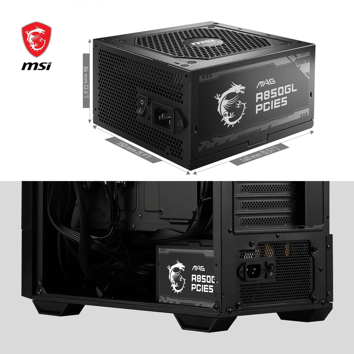 MSI MAG A850GL PCIE5 Sursă de alimentare, 850W, 80 Plus Gold, complet modulară, ATX 3.0, suportă GPU PCIe 5.0, ventilator de 120mm FDB cu rulmenți dinamici, Full-Bridge LLC, cabluri negre flack - 7 ani garanție - 306-7ZP8A11-CE0
