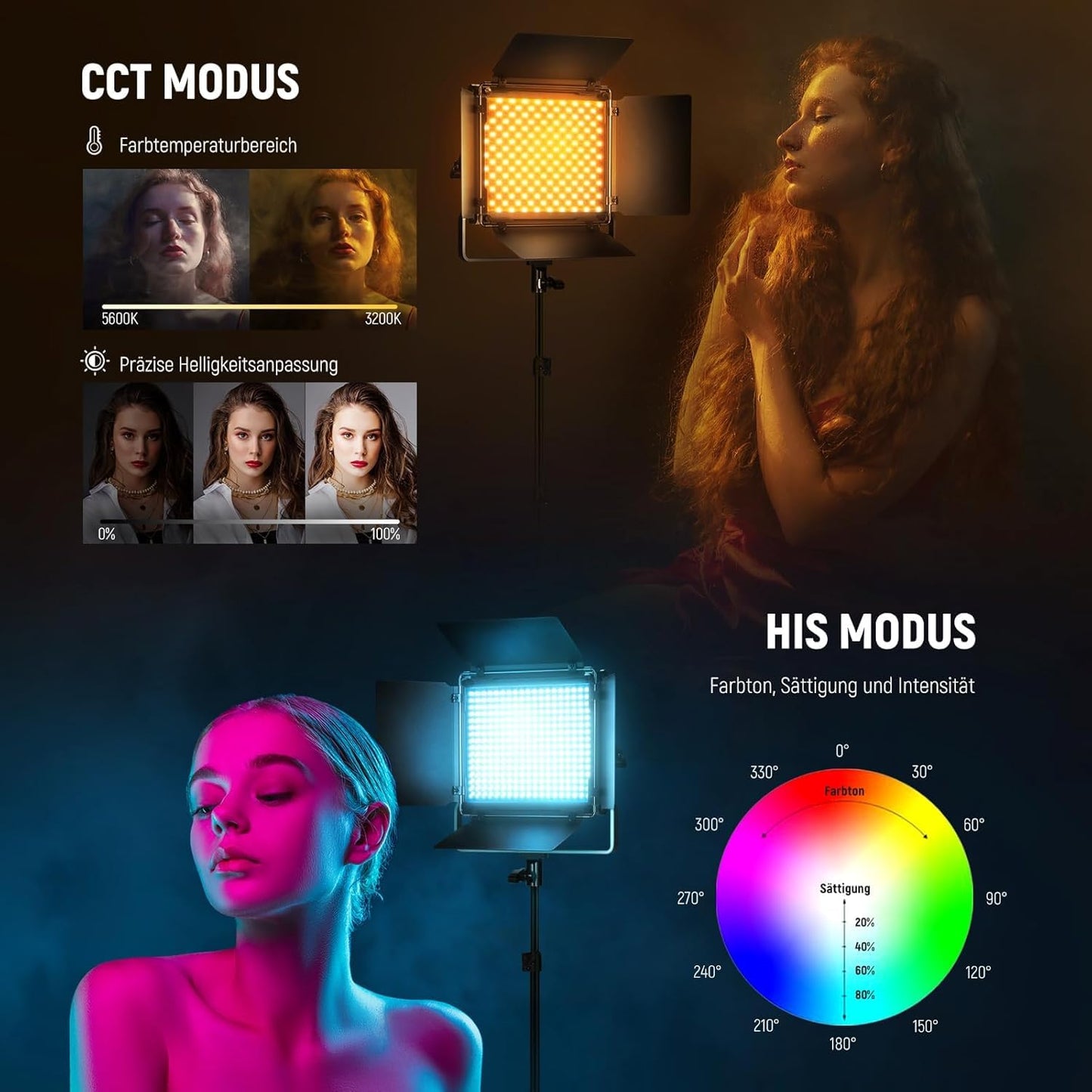 NEEWER 2 x 660 PRO RGB LED video light panel with tripod stand set app control 360° full color video light 50W dimmable 3200~5600K CRI97+ studio continuous light gaming/streaming/zoom/YTB/Webex/photography - 10098759