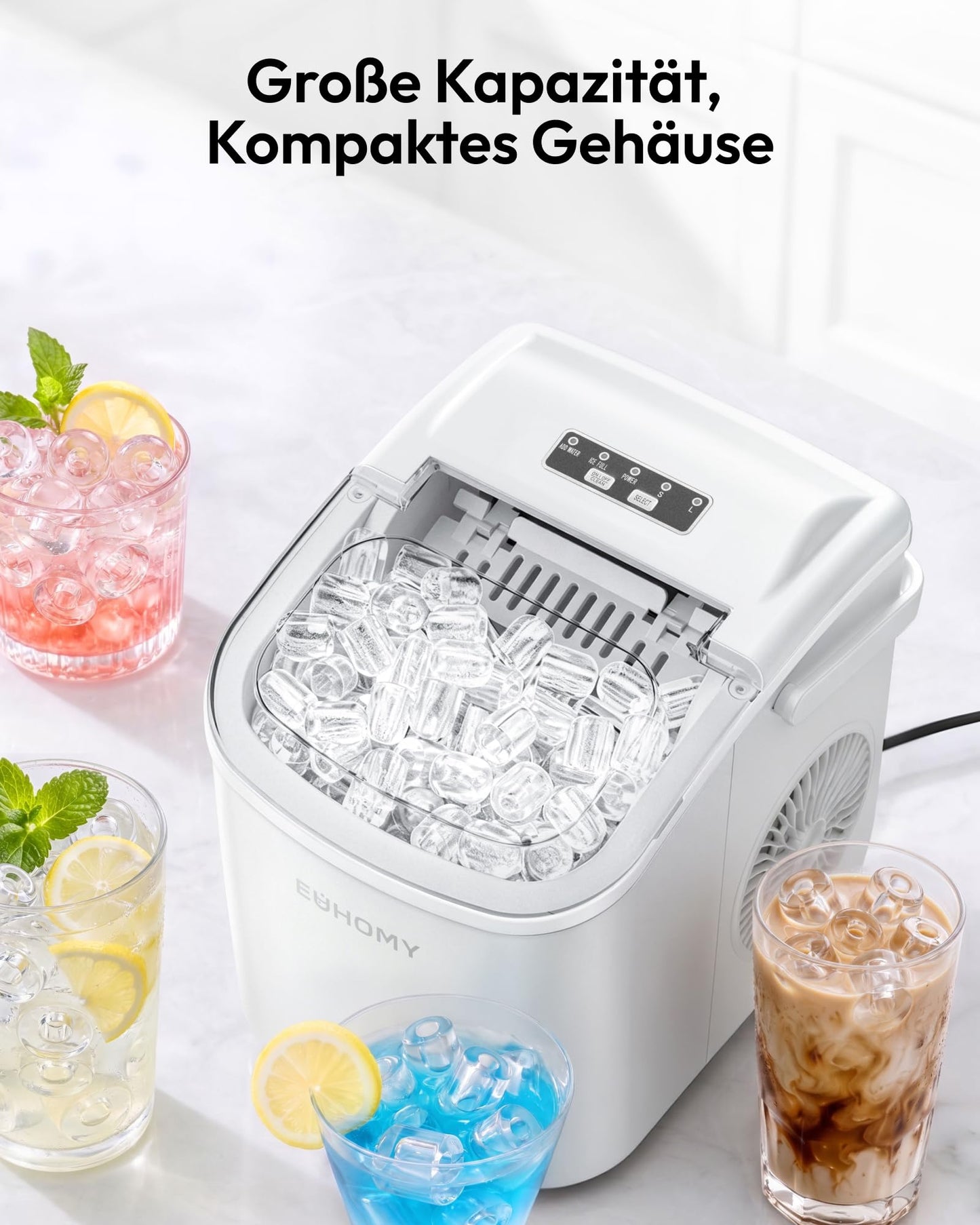 EUHOMY Ice cube machine, small ice cube machine, 9 ice cubes in 6 minutes, self-cleaning ice cube machine, with carrying handle and ice basket, 12 kg/day, suitable for kitchen, home, camping, RV, white - B0DG8Q7R6B