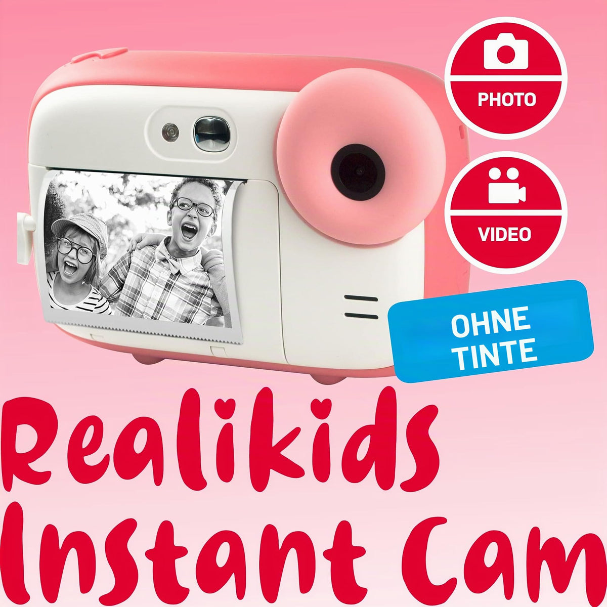 AGFA Photo Realikids Instant Cam + 1 Micro-SD Card 32 GB – Instant camera for kids, 2.4-inch LCD display, lithium battery, selfie mirror, and photo filters – Pink - REALKIDS