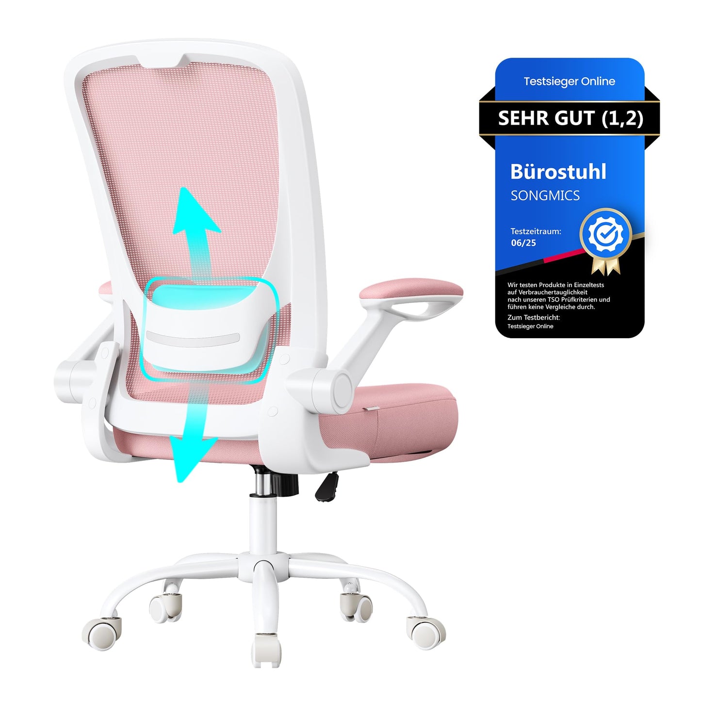 SONGMICS Office Chair Ergonomic, Swivel Chair with Mesh, Lumbar Support, Rocker Function, 53cm Seat, Folding Armrests, Study and Bedroom, Students, Pastel Pink OBN037R01