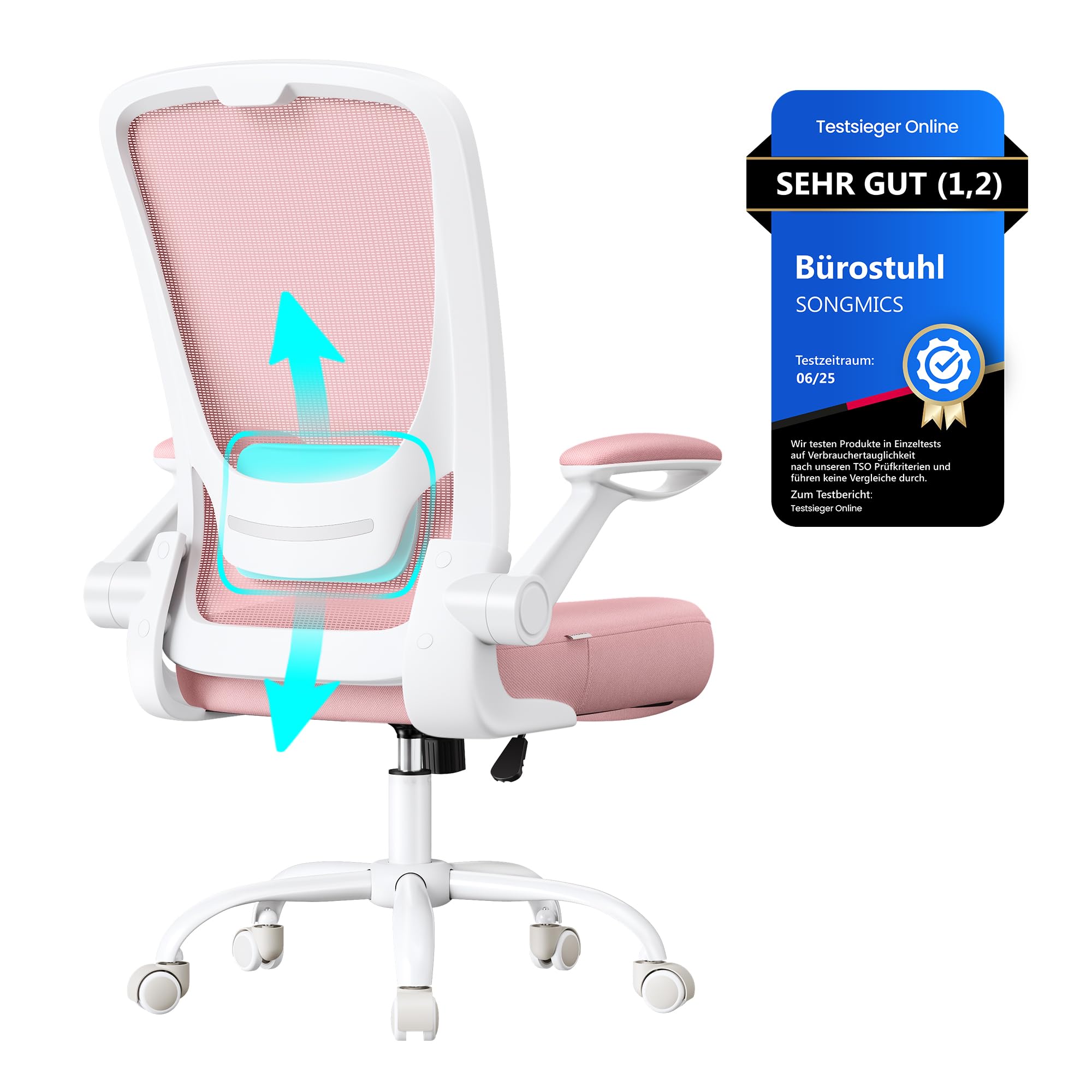 SONGMICS Office Chair Ergonomic, Swivel Chair with Mesh, Lumbar Support, Rocker Function, 53cm Seat, Folding Armrests, Study and Bedroom, Students, Pastel Pink OBN037R01