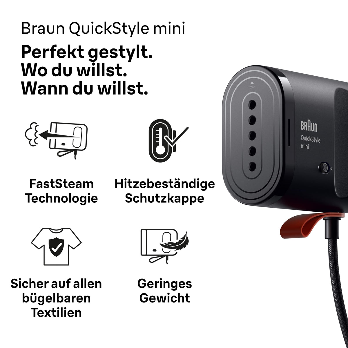 Braun QuickStyle mini - Fier de călcat cu aburi, până la 20 g/min putere de abur, Negru - GS1071BK
