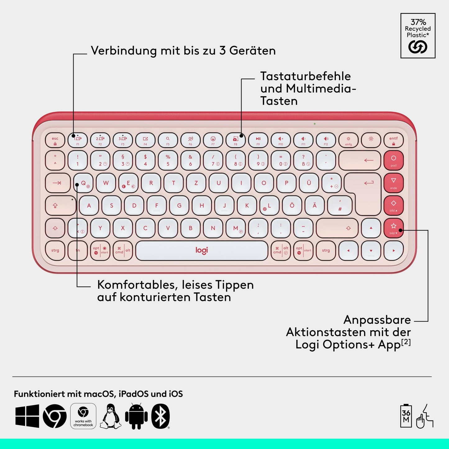 Logitech POP ICON Combo, Bluetooth Keyboard Mouse Set, Comfortable Typing, Programmable Buttons, Quiet Clicks, Easy Switch for up to 3 Devices - Pink - 920-013108