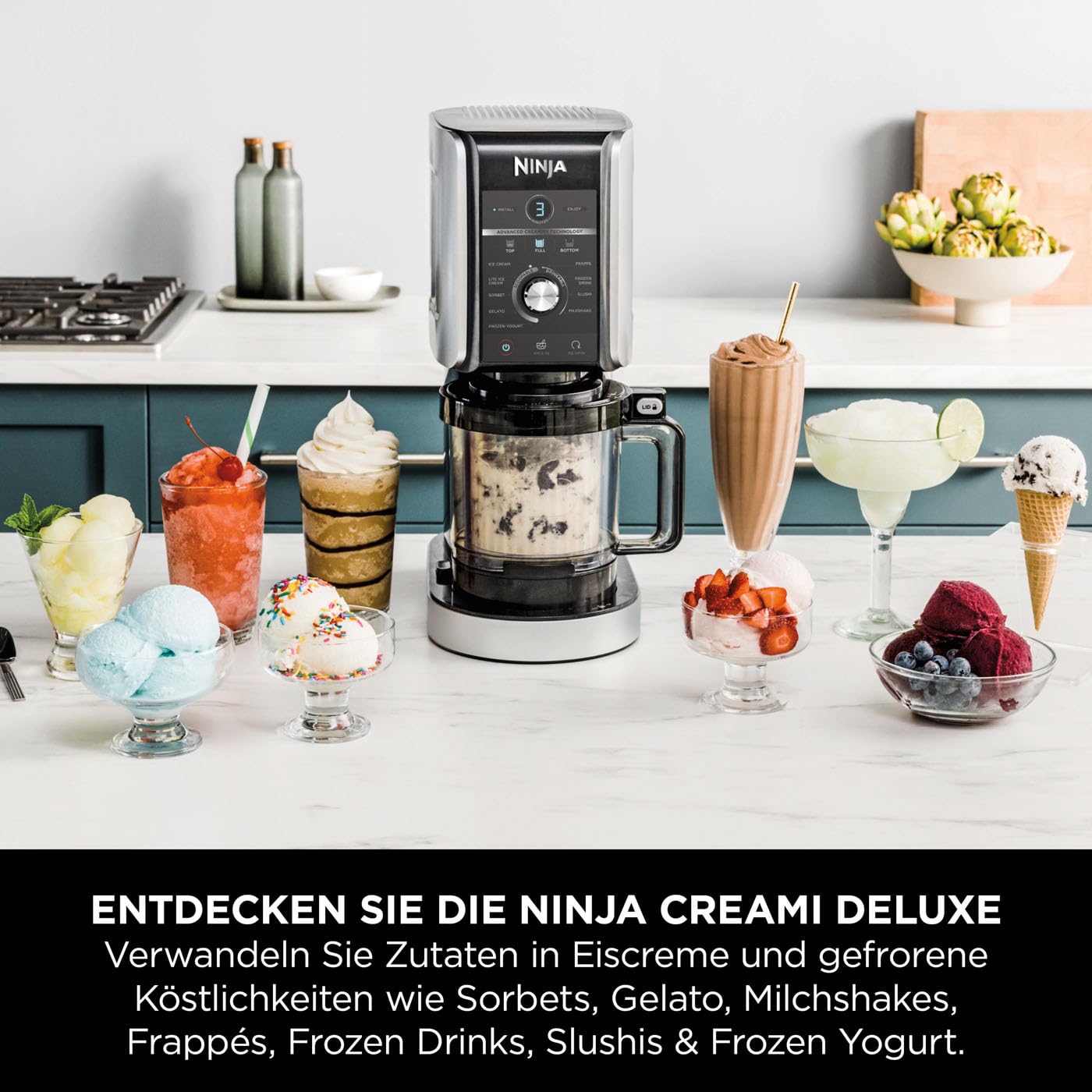 Ninja CREAMi Deluxe Ice Cream and Iced Drink Machine with 2 Cups, 10 Functions, Makes Ice Cream, Gelato, Sorbet, Frozen Yogurt, Milkshakes, Slushi & More, 2-in-1 Flavor Option, Silver, NC502EU