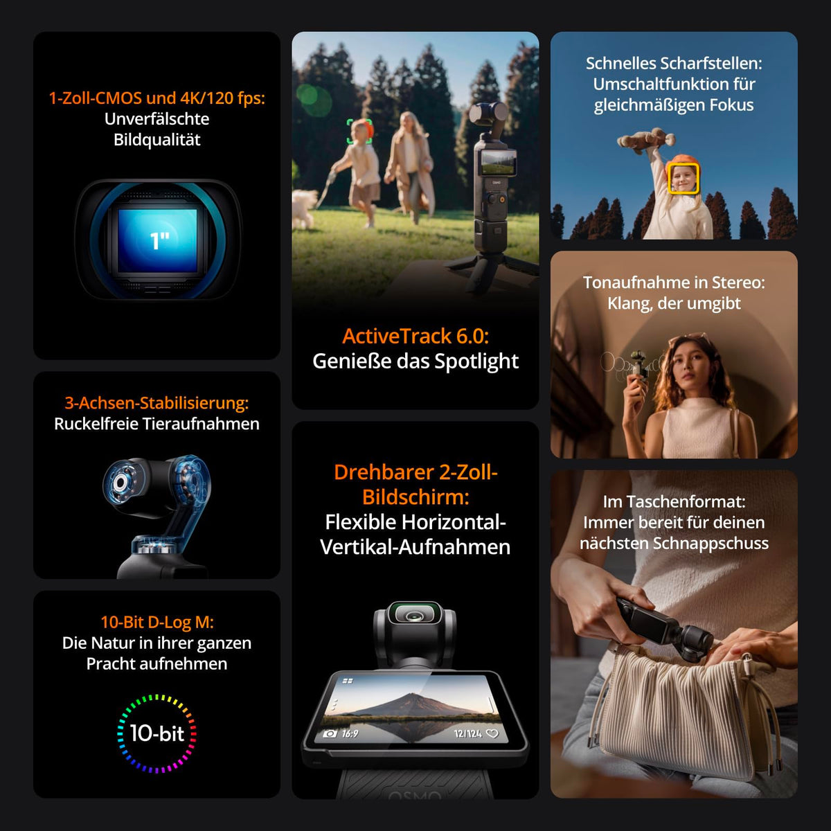 DJI Bundle de Osmo Pocket 3, cameră de vlogging cu senzor CMOS de 1 inch și video 4K/120 fps, stabilizare pe 3 axe, focalizare rapidă, urmărirea feței/obiectului.