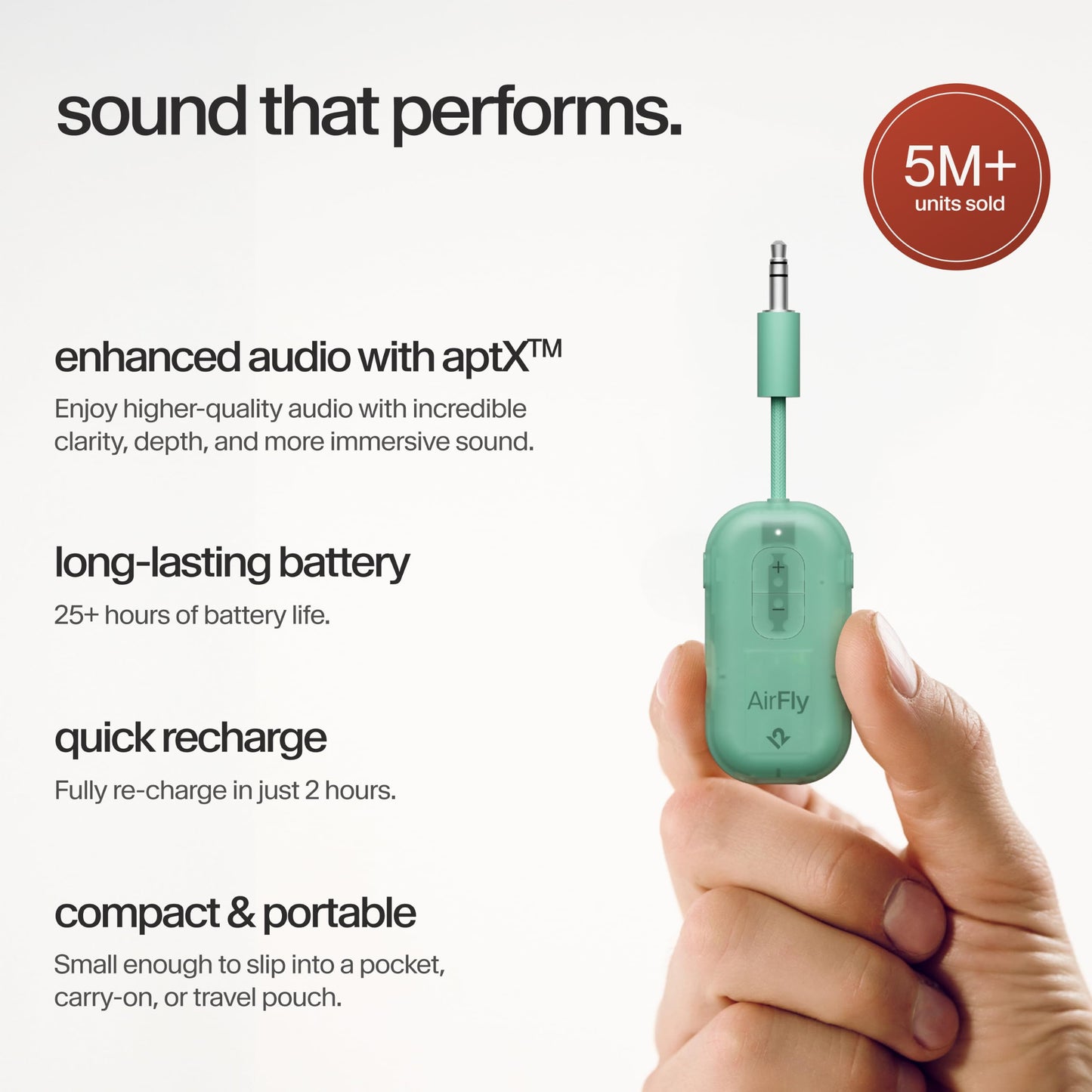 AirFly Pro 2 - Bluetooth Adapter for Airplane, Pair 2 AirPods or Wireless Headphones - 3.5mm AUX Bluetooth Transmitter for Cars, Boats, Treadmills, TVs - Airplane Travel Essentials, Mint Ice - TS-26112