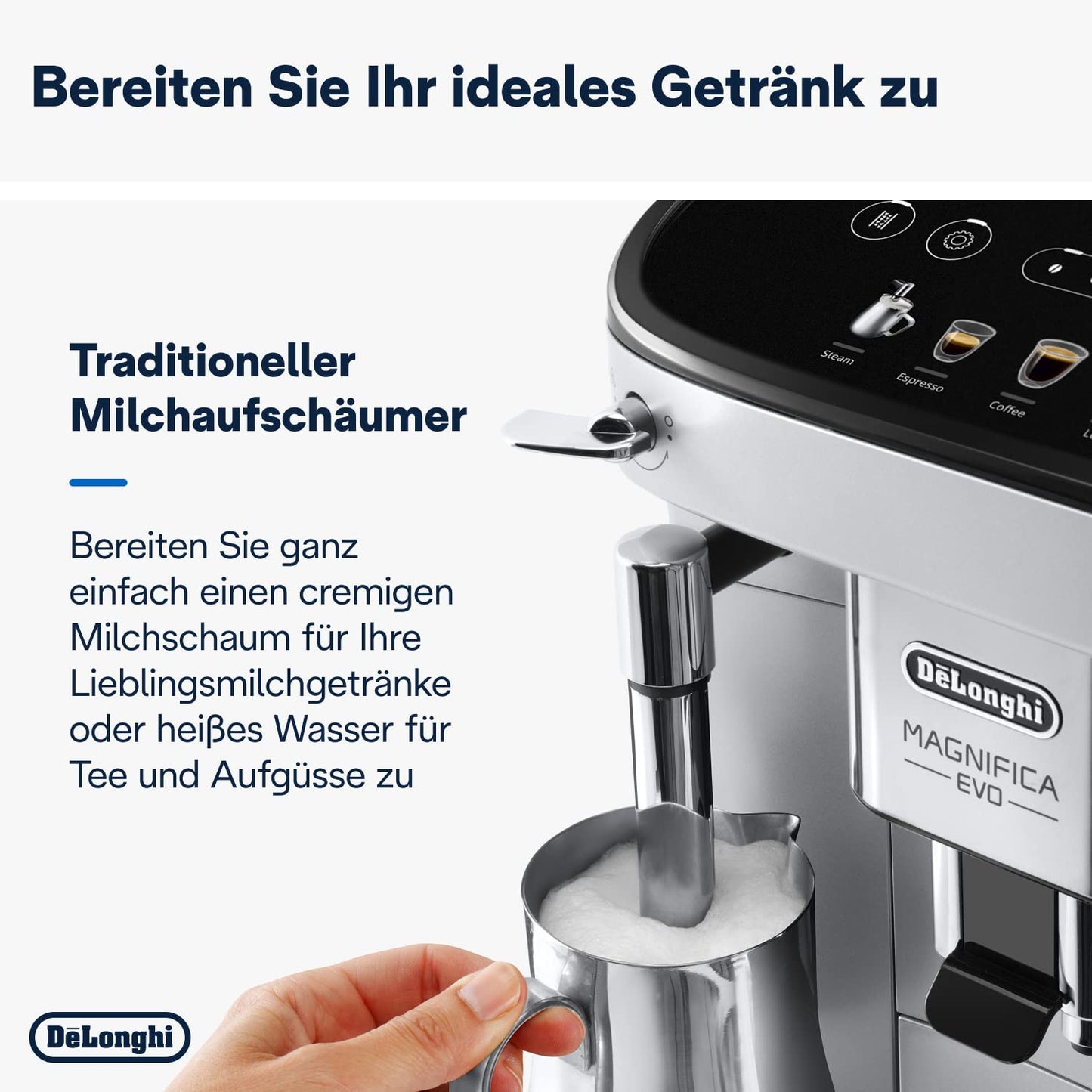 De’Longhi Magnifica Evo - Perfetto fully automatic coffee machine with classic milk frother, 4 one-touch drinks, cappuccino, espresso coffee machine, soft-touch control panel, silver (ECAM292.33.SB)