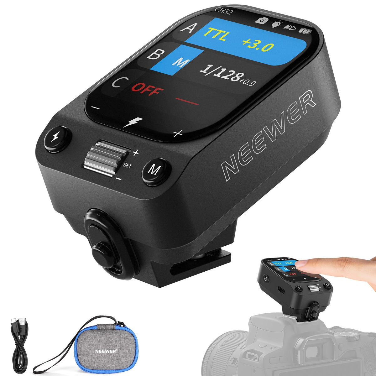 NEEWER QZ-C 2.4G TTL Wireless Flash Trigger compatible with Canon cameras Godox IT32 V1 V100 AD200 Pro II, OLED Touchscreen flash transmitter for the hot shoe with 1/8000s HSS, 1000mAh battery/cm switch.