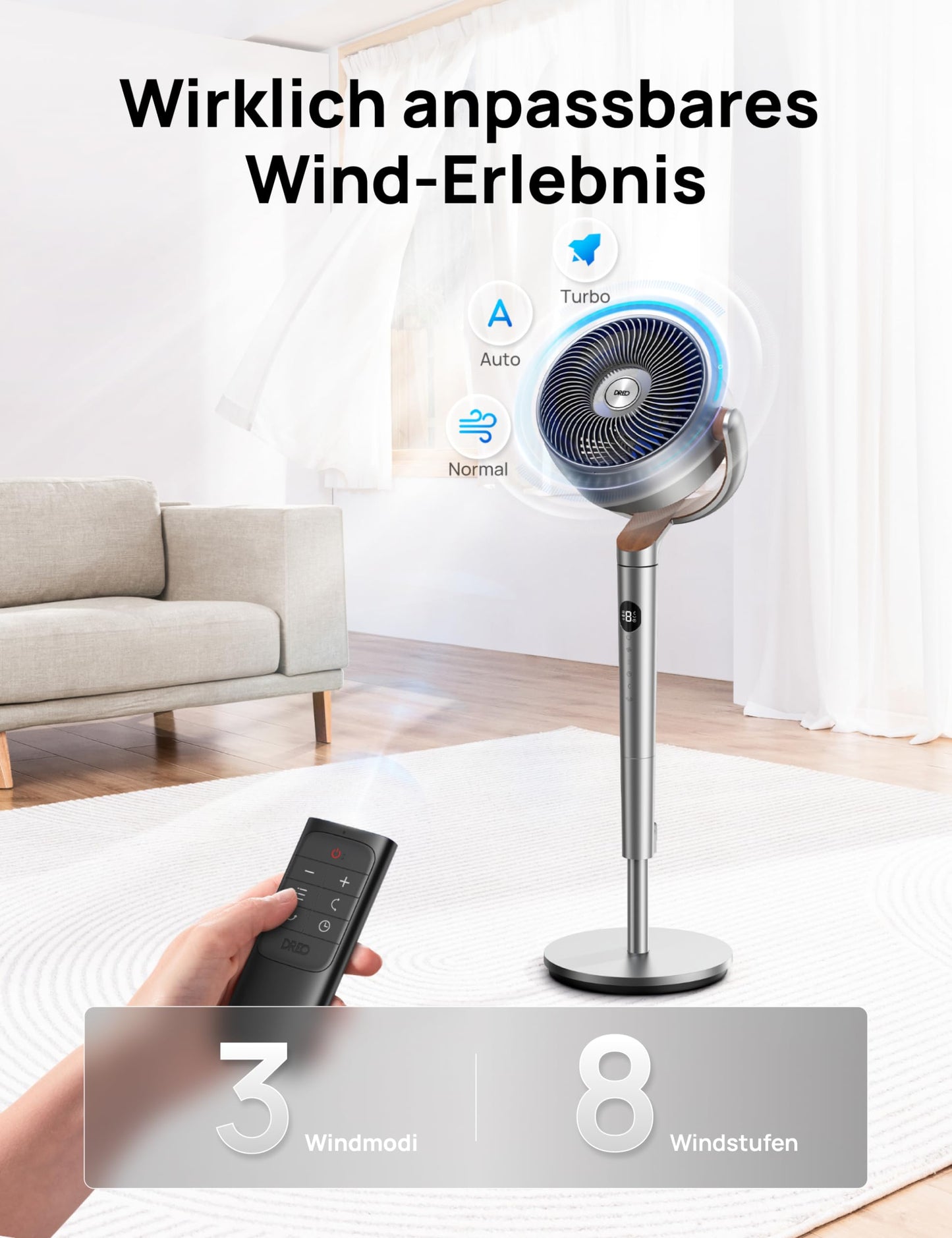 DREO 20dB quiet pedestal fan, 120°+120° omni-directional oscillating fan, 26M wind distance, 1200m³/h air volume Real turbo air circulator fans, 102CM height 3 modes 8-speed - DR-HPF002
