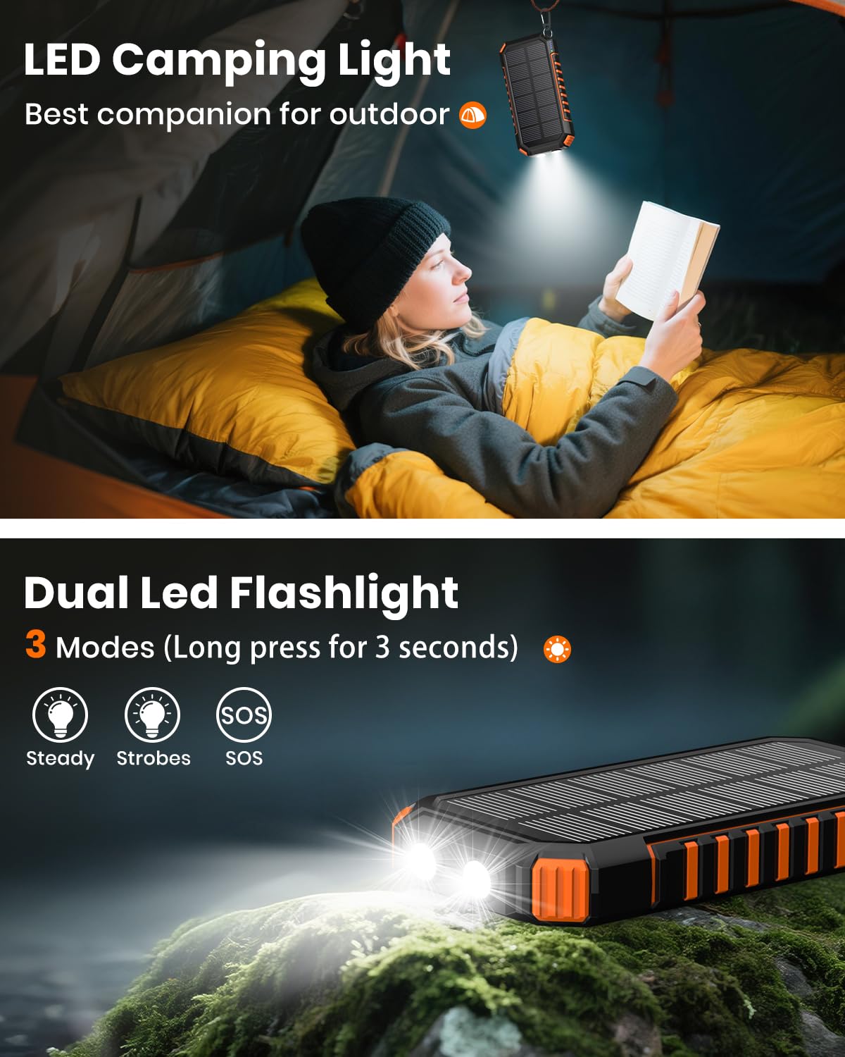 Solar Power Bank 20000mAh - 15W Fast Charger, Portable Charger, 3 Integrated Cables with LED Flashlights - 5 Outputs, Solar Mobile Phone Charger for iPhone 17/16/15/14/13 and Android - T11X