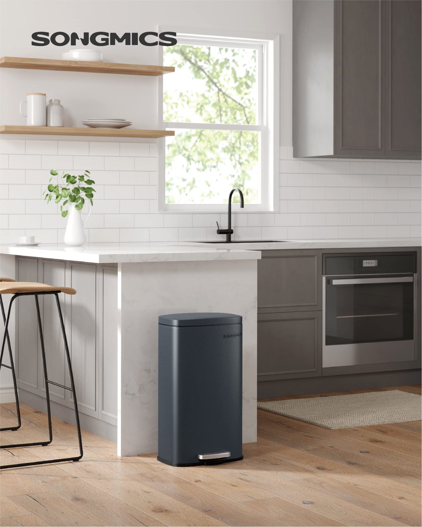 SONGMICS kitchen rubbish bin, 30 liters, waste bin, pedal bin, with lid, soft close, foot pedal, steel, inner bin, green-gray LTB03GS