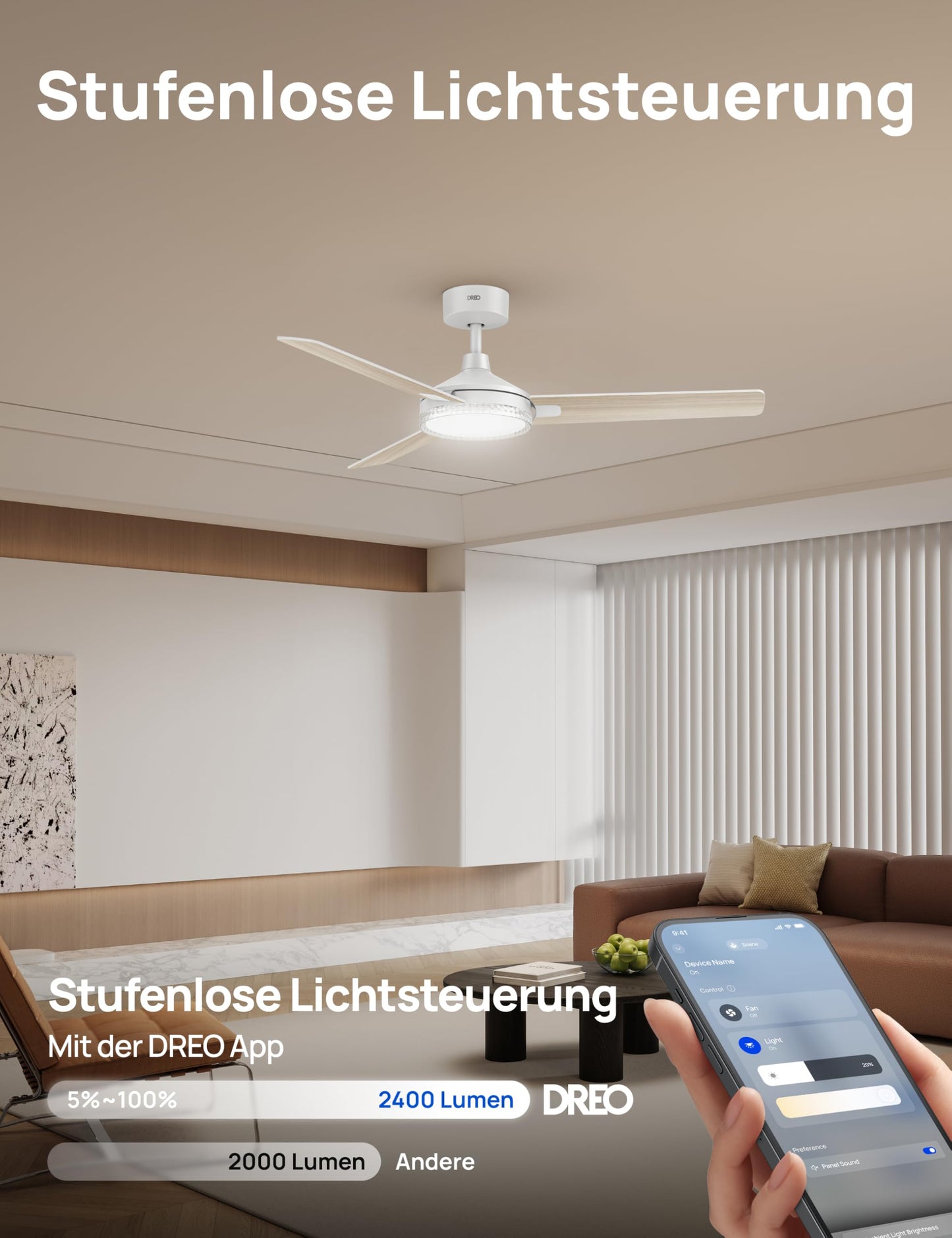 DREO Smart Ceiling Fan with Light, 52" 12 Speeds & 3 Modes, Continuous Color Temperature, Dimmable LED, 1-12 Hour Timer, Quiet DC Motor, App & Alexa Control, Wall Switch, White - DR-HCF004S
