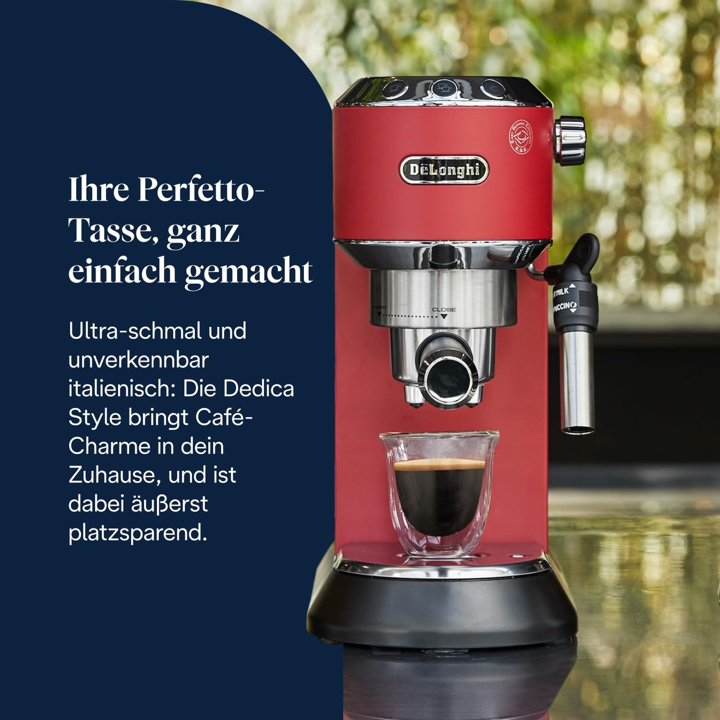 De'Longhi Dedica Style - Perfetto compact portafilter machine espresso machine with buttons, manual milk frother for espresso and cappuccino, ESE pad suitable, 15cm wide, red (EC685.R) - 0132106169