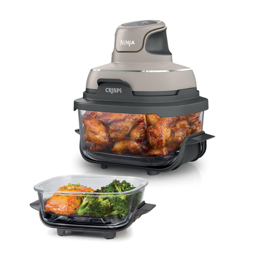 Friteuză cu aer cald portabilă Ninja CRISPi, 3.8L, 4-în-1: Prăjire cu aer, Coacere, Menținere la cald, Recrocantare, Compactă, 6 porții, 2 recipiente de sticlă detașabile cu capace, 1700W, Stone FN101EUST
