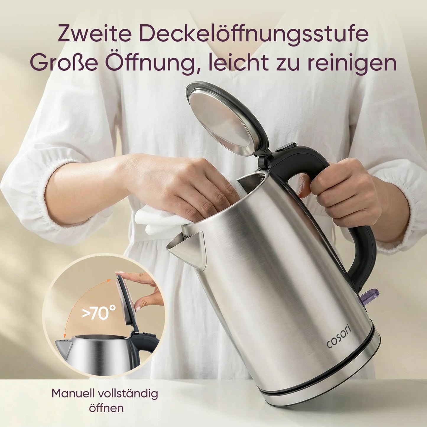 COSORI kettle stainless steel with 1.7 L | 2200W | No plastic contact | LED lighting | 360° rotating base | Large opening | Dry boil protection | Strix Technology | Silver-black - CEK-S152-VEU