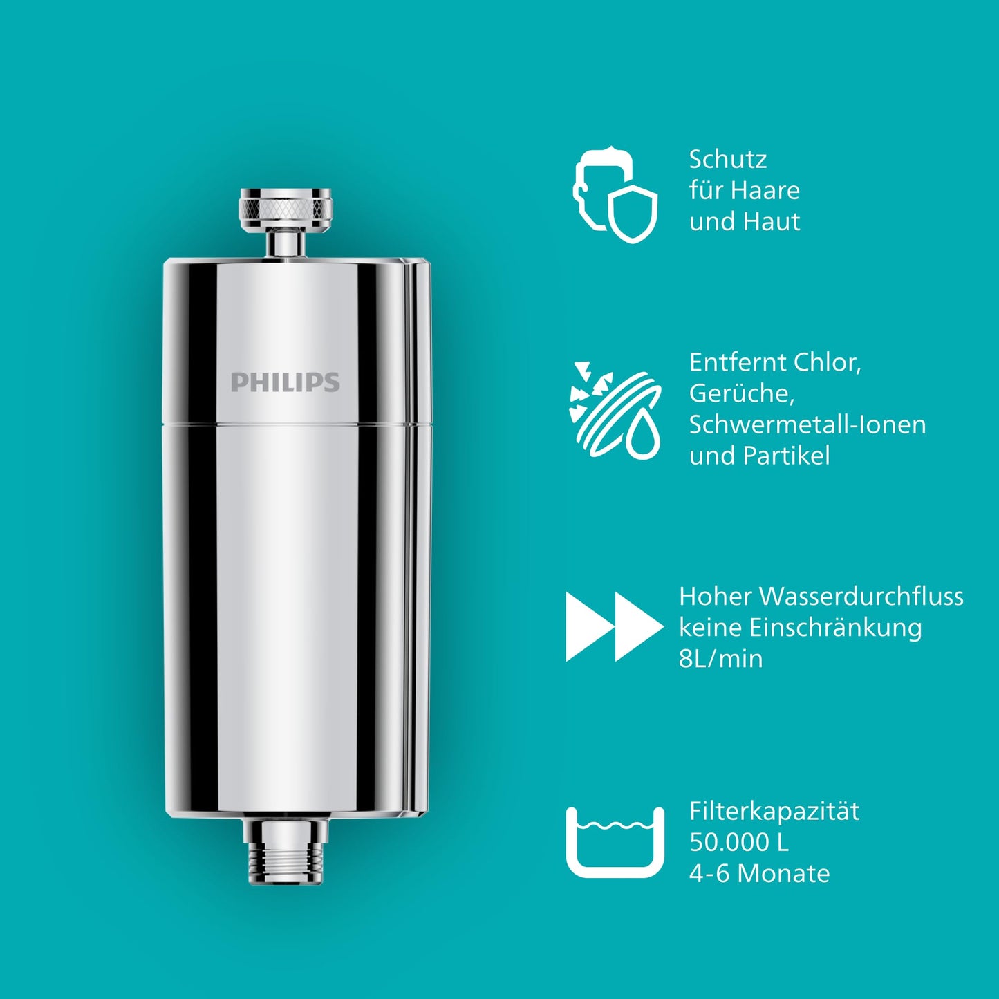 Philips Water Inline Shower Filter with 1 Replacement Cartridge - 50,000L Capacity, Reduces Chlorine by up to 99%, Fits All Standard Hoses and Fittings, Chrome - AWP1775CH/10