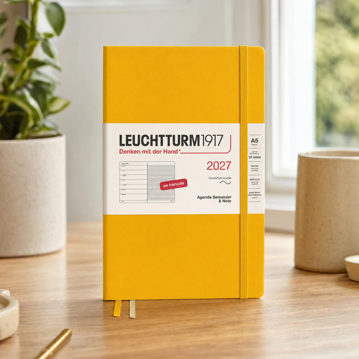 LEUCHTTURM1917 calendar săptămânal 2027 mediu (A5) cu caiet, cu linii - planificator de întâlniri francez, floarea soarelui, copertă moale, ianuarie-decembrie 2027, prezentare săptămânală în stânga + pagina de note în dreapta - 400390
