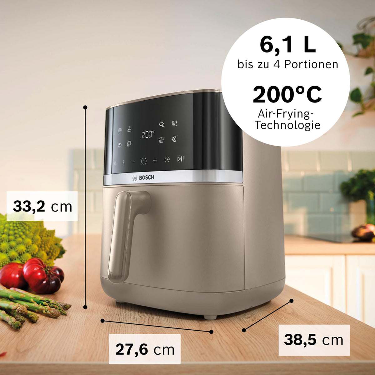 Bosch Series 4 Hot Air Fryer, XL Air Fryer, cream, 6.1 L capacity, 7 preset programs, defrost and keep warm function, touchscreen, up to 60% faster cooking, MAF462C0