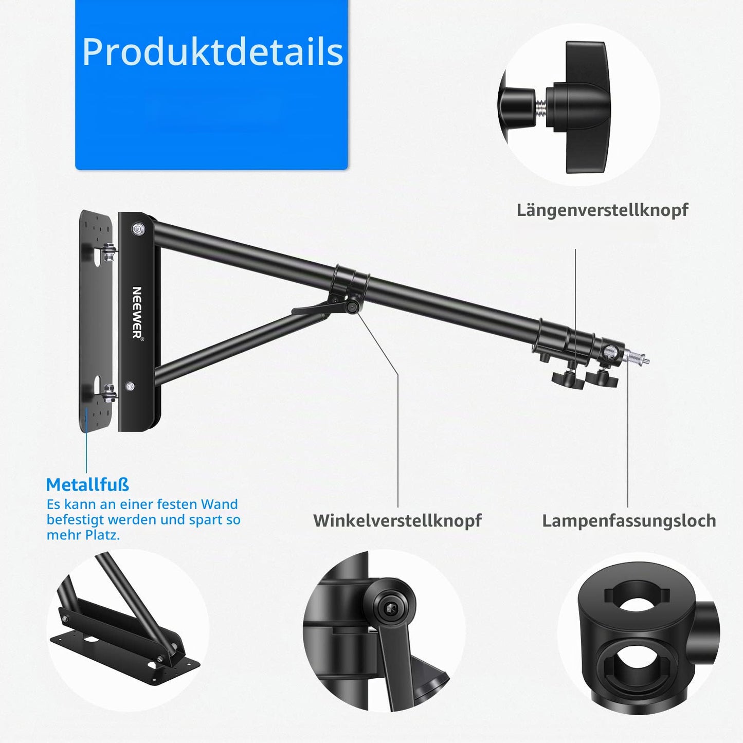 NEEWER Wall Mounted Boom Arm with Triangle Base for Photography Studio Video Strobe Light Monolight Softbox Umbrella Reflector, 180 Degree Rotation, Max Length 66.5 inches/169cm (Black) - 10100923