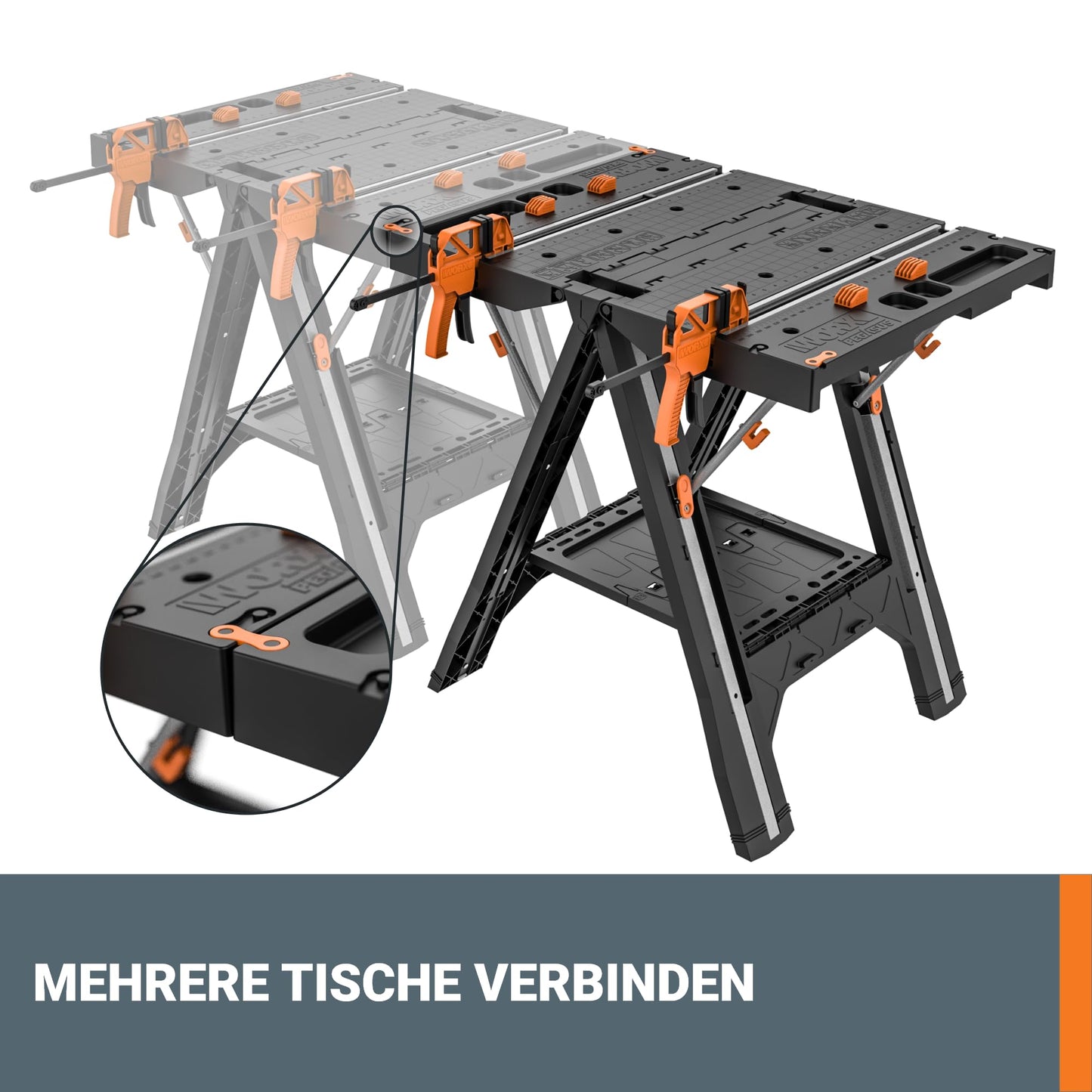 WORX PEGASUS WX051 mobile multifunctional workbench - high-quality foldable work table for the workshop, max. load 450kg - including quick clamping device - high stability & large work surface