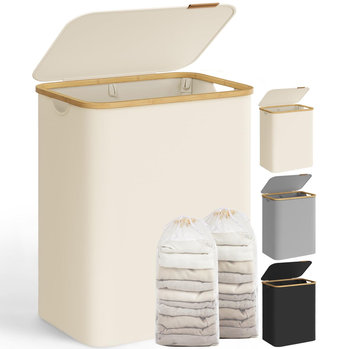 SONGMICS Laundry Basket with Lid, Laundry Hamper with 2 Compartments, 130L, Removable Laundry Bag, Oxford Fabric, Bamboo Handles, Foldable, 52 x 38.5 x 70.5 cm, Cream White LCB513W01 - LCB513W01V1