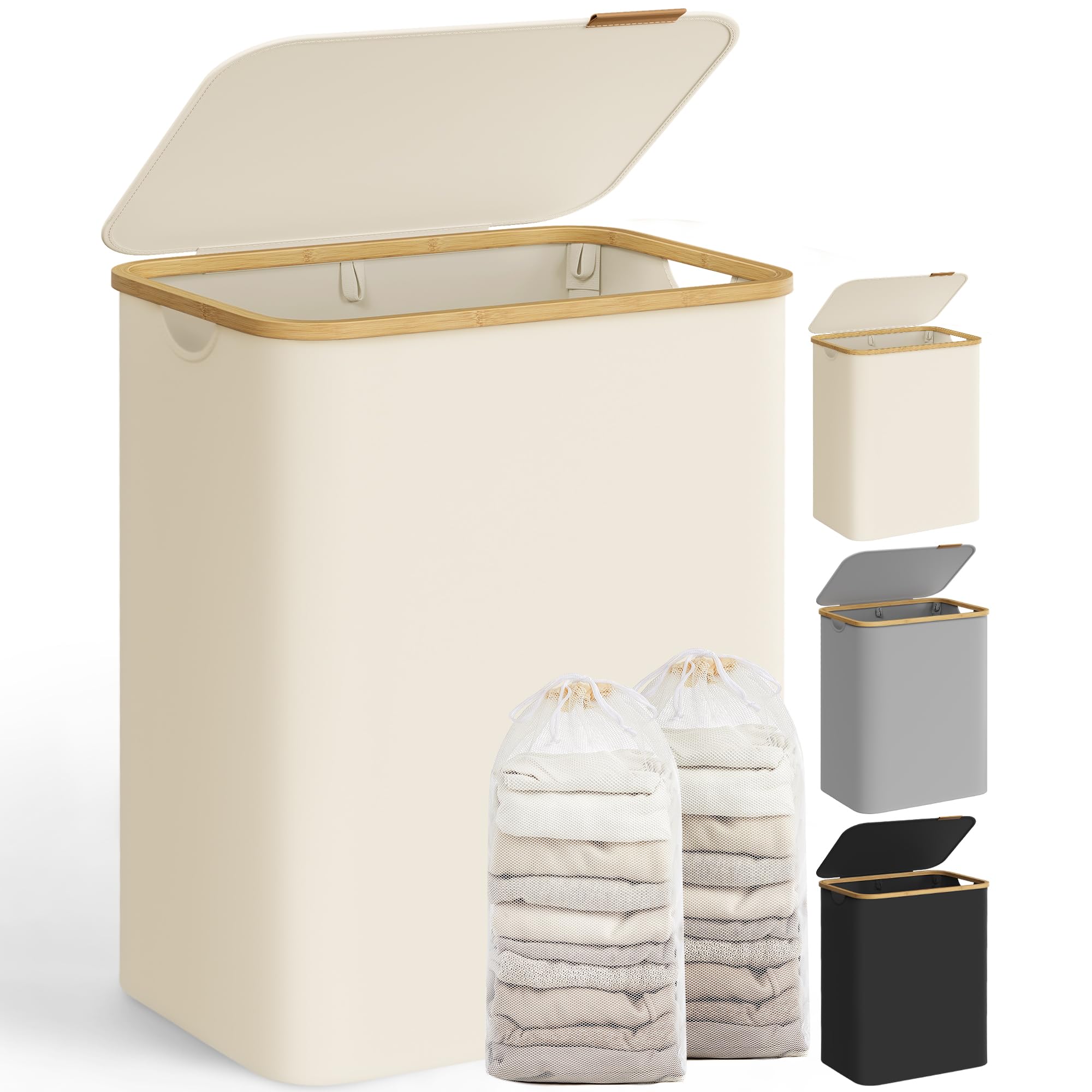 SONGMICS Coș de rufe cu capac, Coș de rufe cu 2 compartimente, 130L, Sac de rufe detașabil, Țesătură Oxford, Mânere din bambus, Pliabil, 52 x 38,5 x 70,5 cm, Alb-crem LCB513W01 - LCB513W01V1