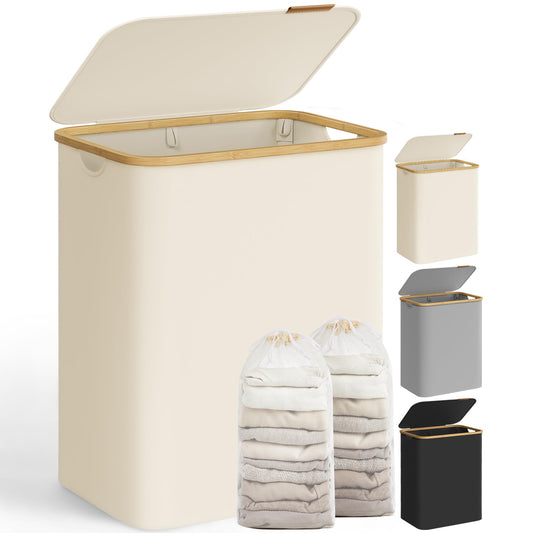 SONGMICS Coș de rufe cu capac, Coș de rufe cu 2 compartimente, 130L, Sac de rufe detașabil, Țesătură Oxford, Mânere din bambus, Pliabil, 52 x 38,5 x 70,5 cm, Alb-crem LCB513W01 - LCB513W01V1