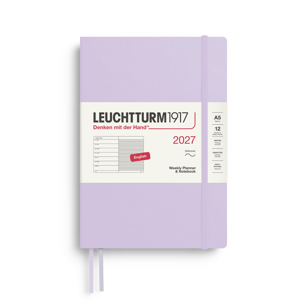 LEUCHTTURM1917 calendar săptămânal 2027 mediu (A5) cu caiet, cu linii - planificator de întâlniri engleză, liliac, copertă moale, 145 x 210 mm, ianuarie-decembrie 2027, prezentare săptămânală în stânga + pagina de note în dreapta - 400232