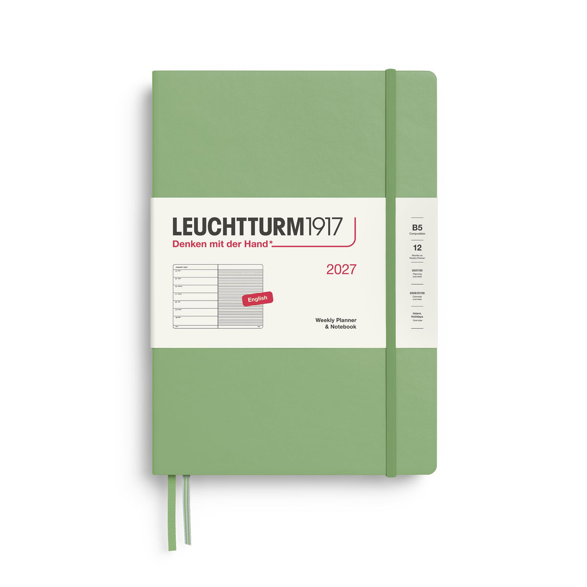 LEUCHTTURM1917 calendar săptămânal 2027 Compoziție (B5) cu caiet, cu linii - planificator de întâlniri engleză, salvie, cartonat, 178 x 254 mm, ianuarie-decembrie 2027, prezentare săptămânală în stânga + pagina de note în dreapta - 400209