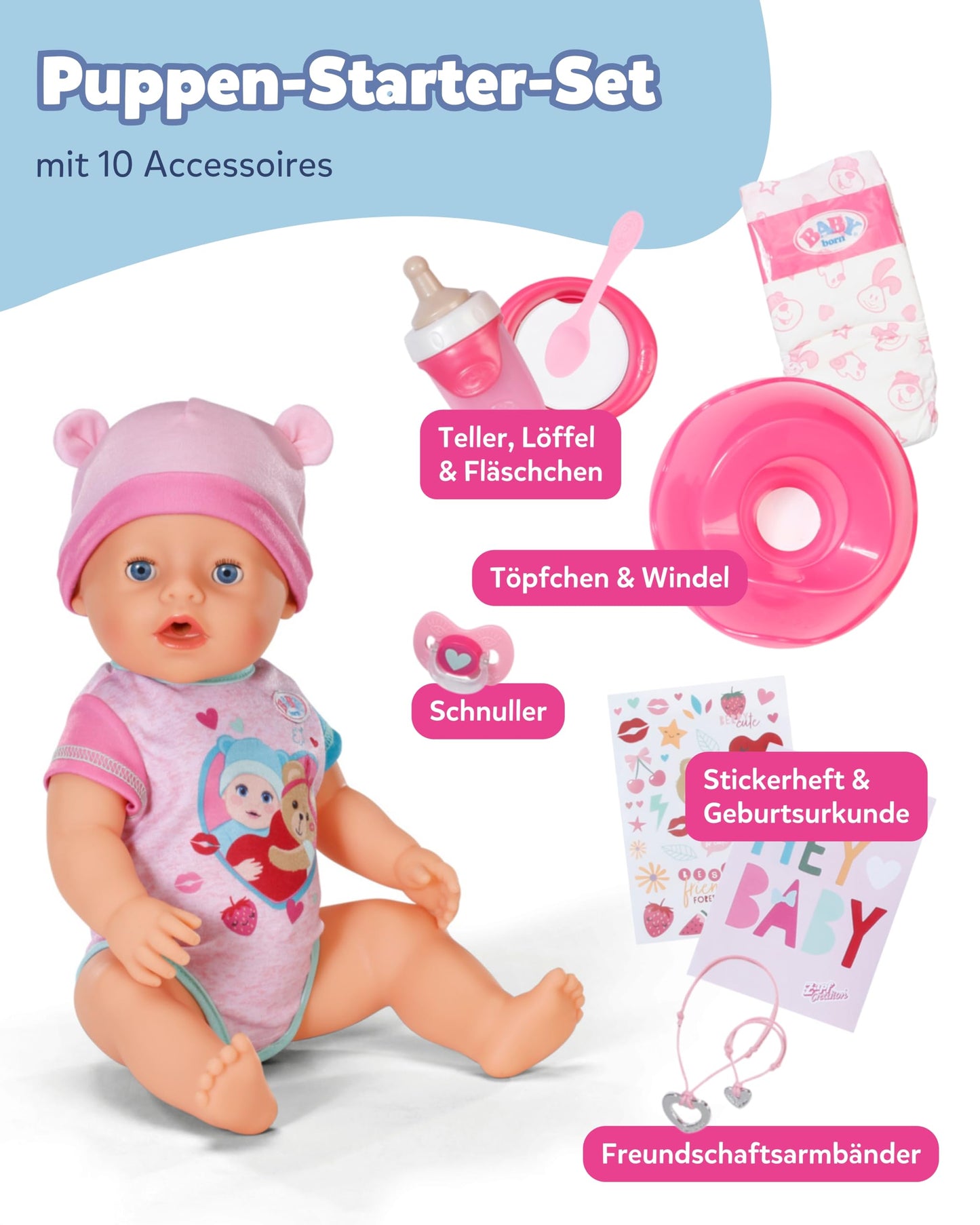 BABY Born Emma - 43 cm tall baby doll - 10 functions including accessories & romper - Works completely without batteries - Suitable for children aged 3 and over - 836392