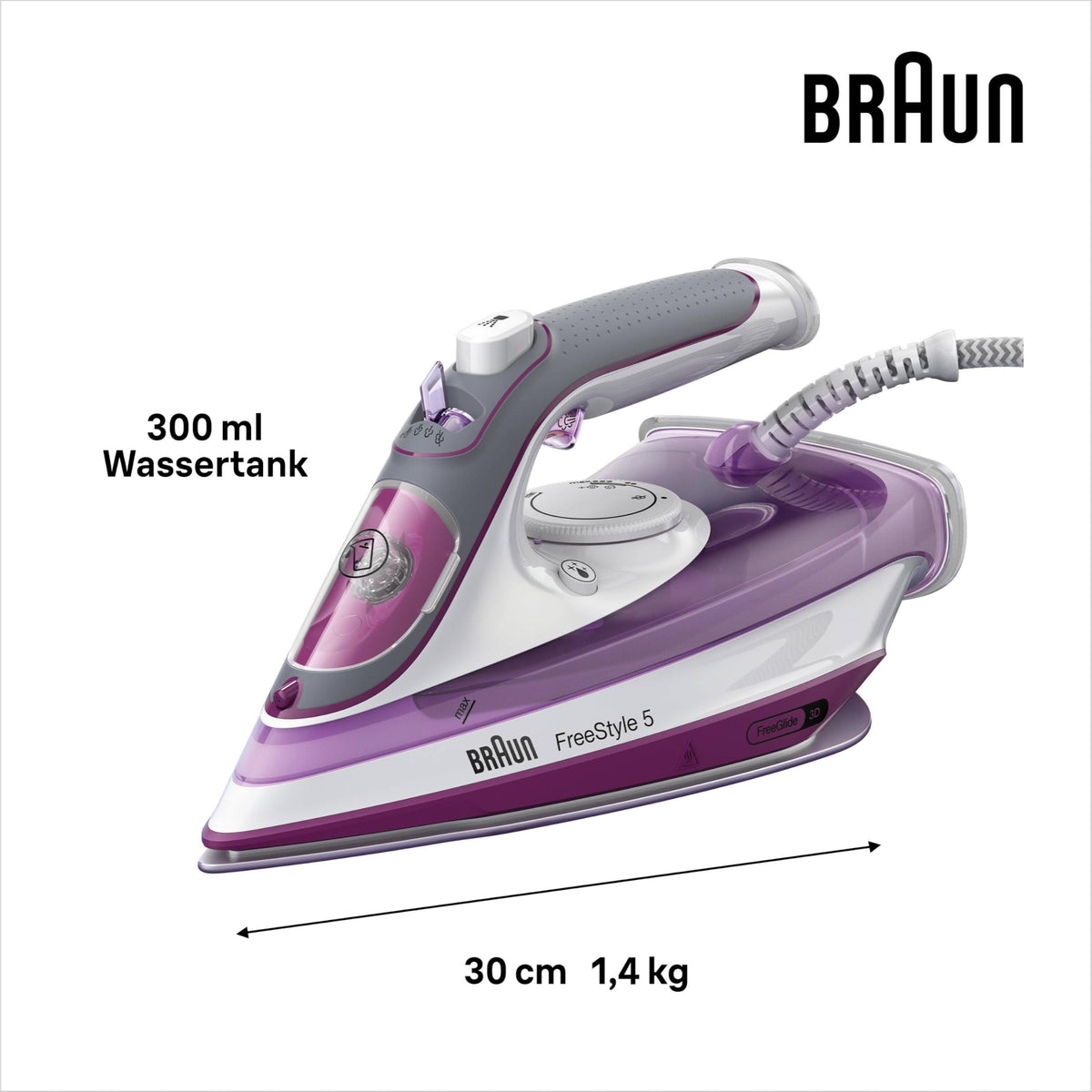 Braun FreeStyle 5 Steam Iron SI 5037 VI - Iron with Freeglide 3D soleplate, vertical steam, 2700 Watts, steam boost of 200 g/min, 330 ml water tank, Violet - SI5037VI